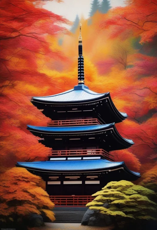 A Japanese Temple Framed By Autumn Maples, Impasto Texture,...
