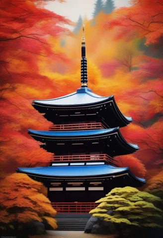 A Japanese Temple Framed By Autumn Maples, Impasto Texture,... — SDXL AI Prompt: a Japanese temple framed by autumn maples, impasto texture, backlit silhouette,...