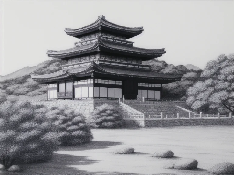 Ancient Japanese Fortress, Pencil Sketch