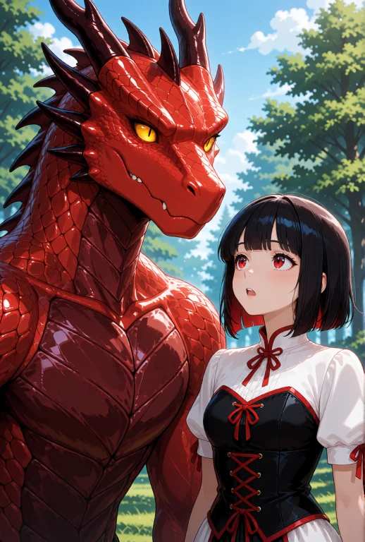 A Red Dragon And A Young Woman, A Dragon Creature With Gloss...