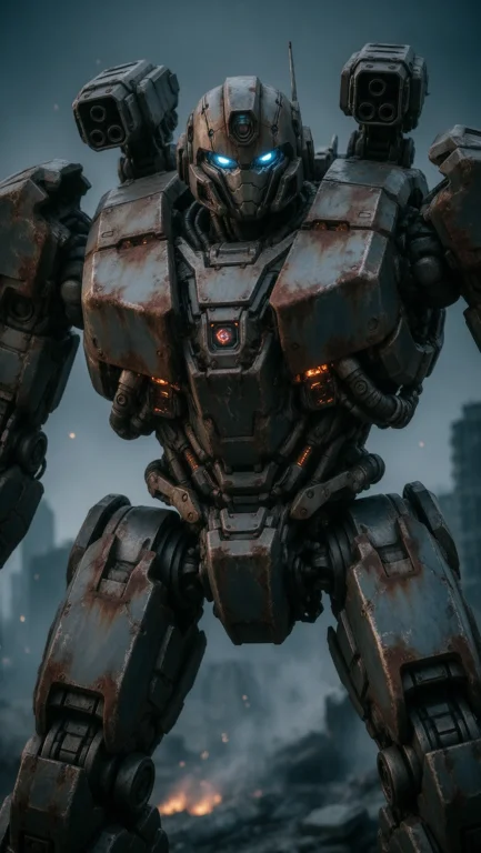 A Massive Combat Robot Towers Over The City Ruins Its Hull I...