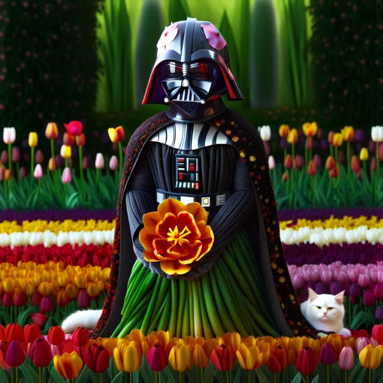Made Of Tulips, Darth Vader Standing Proudly While A Cute Ca...