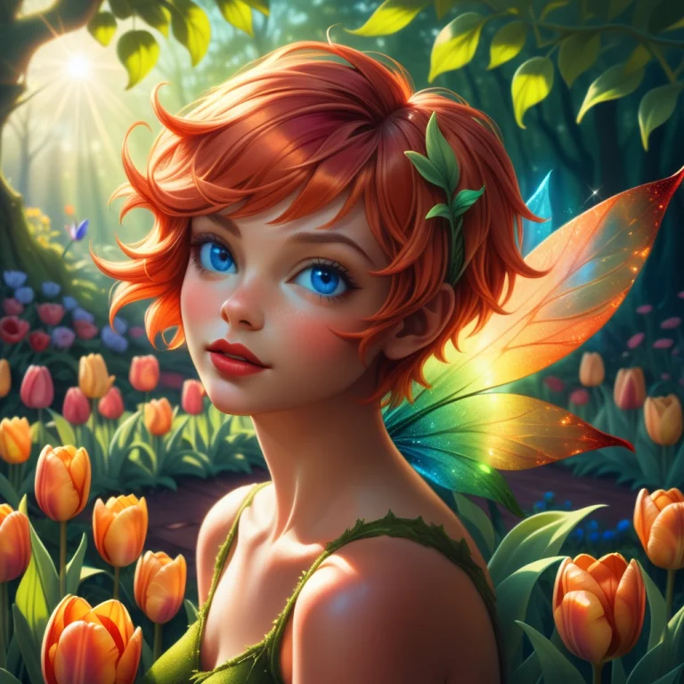 A Close Up On A Tulip With A Fairy Sunbathing On The Leaves,...