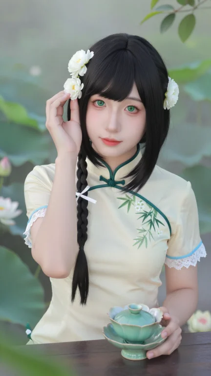 一位年轻美丽的东方少女，黑色长直发带有整齐刘海，左侧头发编成...