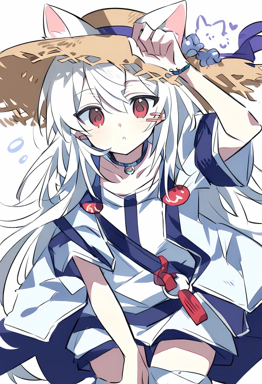 Poi,1girl,cat Ears,loose Socks,white Hair,straw Hat,cowboy S...