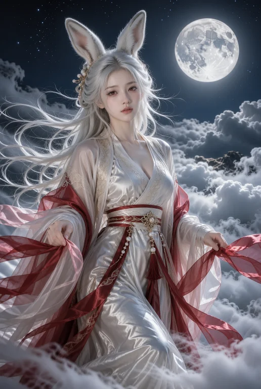 写实电影感人像摄影,中秋月圆之夜的云海之上,一位二十二岁左右...