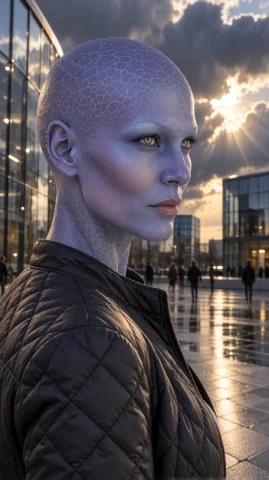 Dlvn Alien Woman, Chest-up, Side Profile, Looking Right, Neu... — Stable Diffusion AI Prompt: dlvn alien woman, chest-up, side profile, looking right, neutral expression, qui...