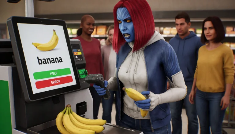 Gbmird, 3d Render, Blue Skin, Mystique Standing At A Grocery...