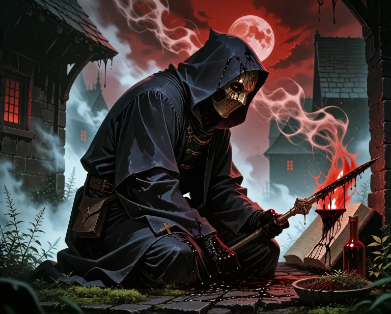 A Plague Doctor, Cloaked In A Dark, Gothic Robe, Kneels In A...