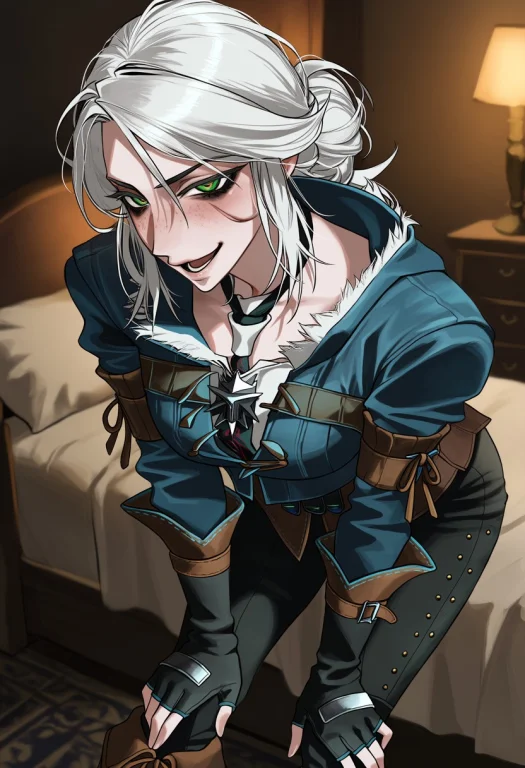 1girl, Ciri, Witcher Medallion, White Hair, Green Eyes, Frec...