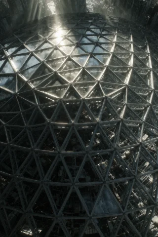 A Dramatic Overhead Shot Of A Massive Geodesic Dome Structur... — Stable Diffusion AI Prompt: A dramatic overhead shot of a massive geodesic dome structure, intricate glass a...
