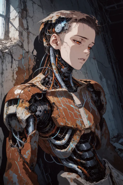 An Anime Style Illustration Of A Male Derelict Android With...