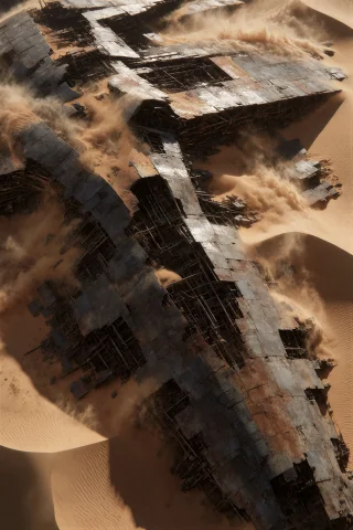 A Dramatic Overhead Shot Of A Massive Derelict Starship Cras... — Stable Diffusion AI Prompt: A dramatic overhead shot of a massive derelict starship crash site in a desert,...