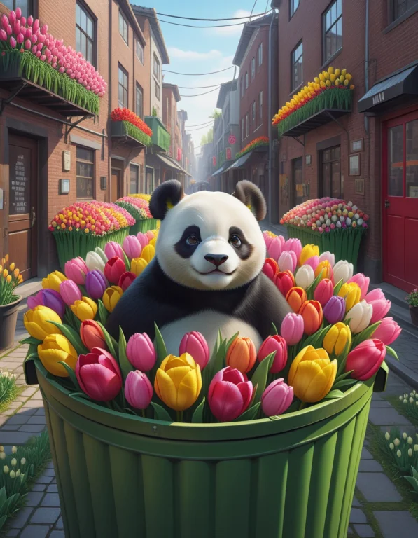 Pandas In Trash Cans In An Alley Made Of Tulips, Jaynl-tm, L...