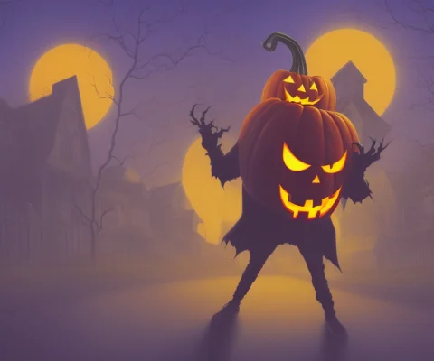 An Evil Pumpkin Man Walking Down The Street In A Suburb On H... — Stable Diffusion AI Prompt: an evil pumpkin man walking down the street in a suburb on halloween, full moon,...
