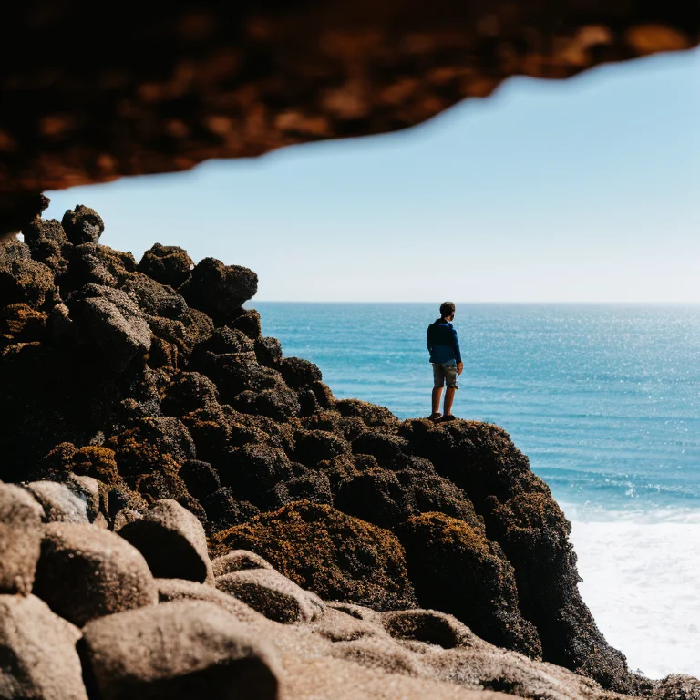 A Man Standing On Top Of A Pile Of Rocks On Top Of A Beach N...