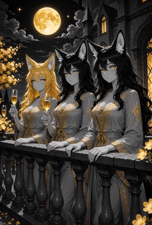 Three Foxgirls Are Standing Together On A Stone Balcony, Arr...