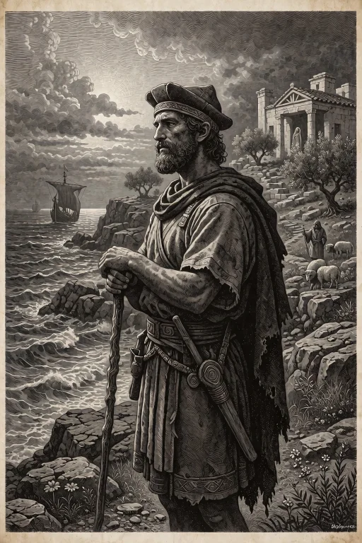 Dark Fantasy Etching Illustration Of The Greek Hero Odysseus...