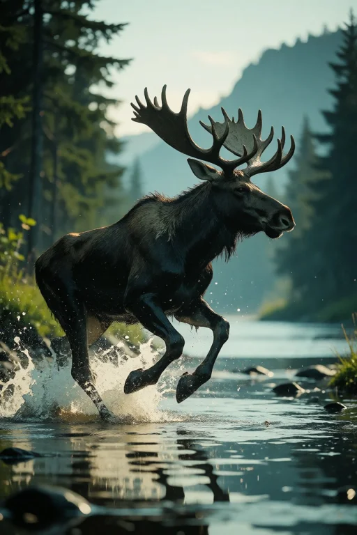 Nature, A Norwegian Moose Charging Through Shallow Floodwate...