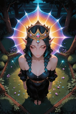 Digital Illustration, A Birds-eye View Of An Elf Woman Weari... — Stable Diffusion AI Prompt: digital illustration, a bird's-eye view of an elf woman wearing an ornate geomet...
