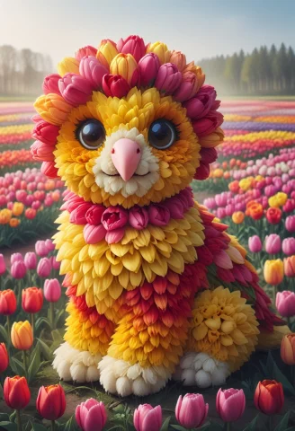 Jaynl-tm A Cute Parrot Made Of Tulips, Field, Sunny, — SDXL AI Prompt: jaynl-tm a cute parrot made of tulips, field, sunny,