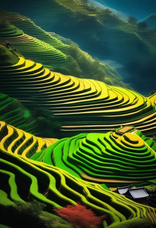 Terraced Rice Paddies Stepping Down A Hillside, Classical Pa...
