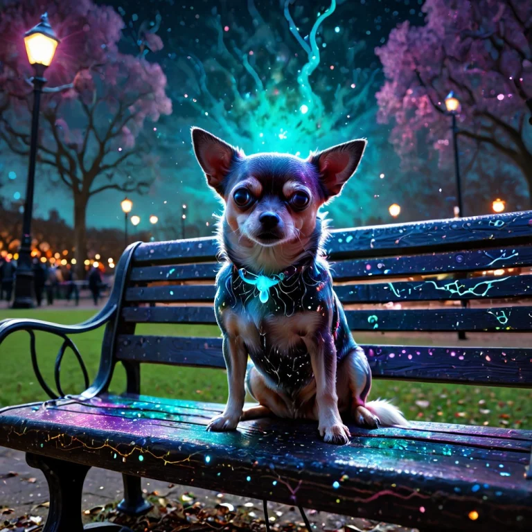 Full Body Shot, Chihuahua Sitting On A Weathered Oak Park Be...