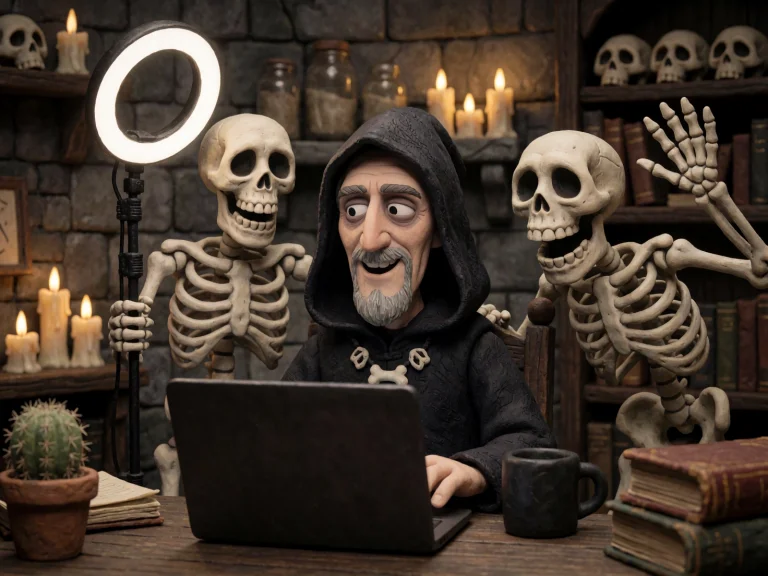 A Claymation Illustration Of A Necromancer In A Video Call F...