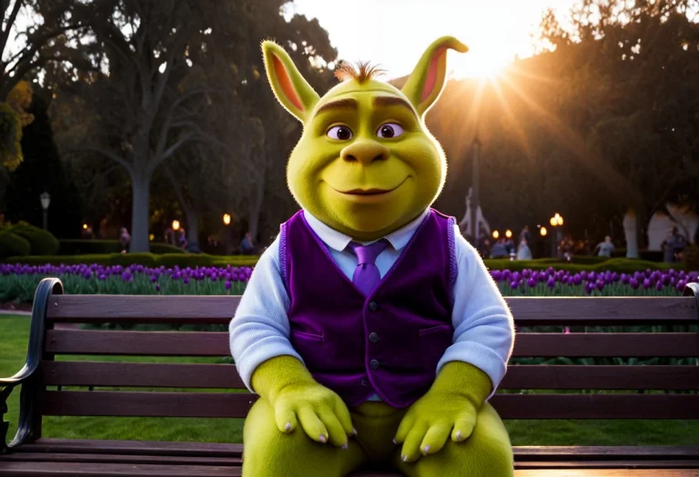 A Realistic Photo Of Shrek Sitting On A Park Bench. His Enti...