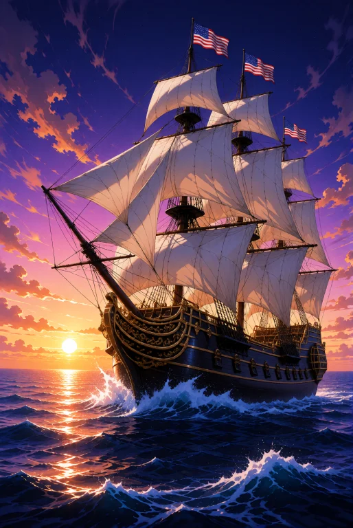 A Majestic Three-masted Sailing Galleon With A Black Hull An...