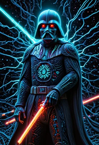 Darth Vader With Bioluminescent Red Lightsaber Loraral-rubbe... — SDXL AI Prompt: darth vader with bioluminescent red lightsaber ral-rubberpatch, Bioluminescent...