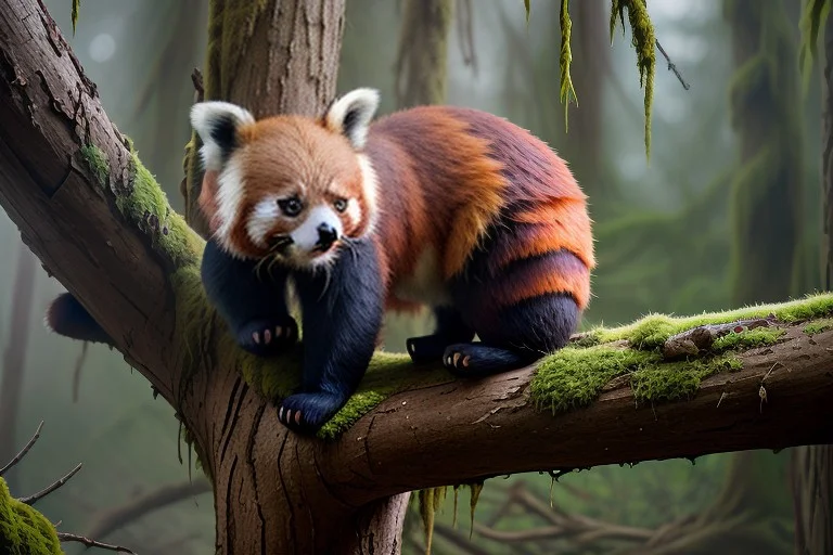 A Red Panda Curled In A Mossy Tree Fork, Overcast Light, Gra...