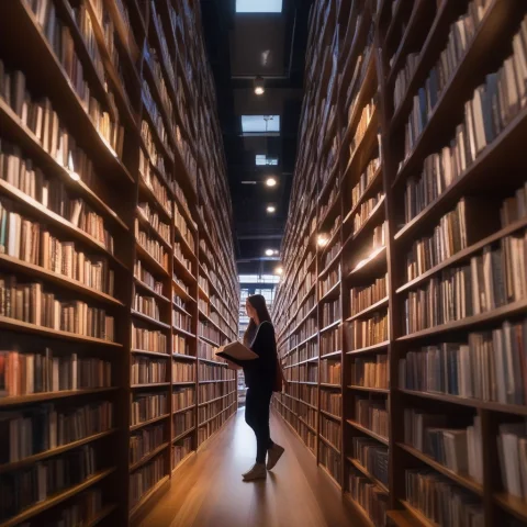 A Bookseller Reading Among Towering Shelves, Photorealistic,... — SDXL AI Prompt: a bookseller reading among towering shelves, photorealistic, iridescent light, f...
