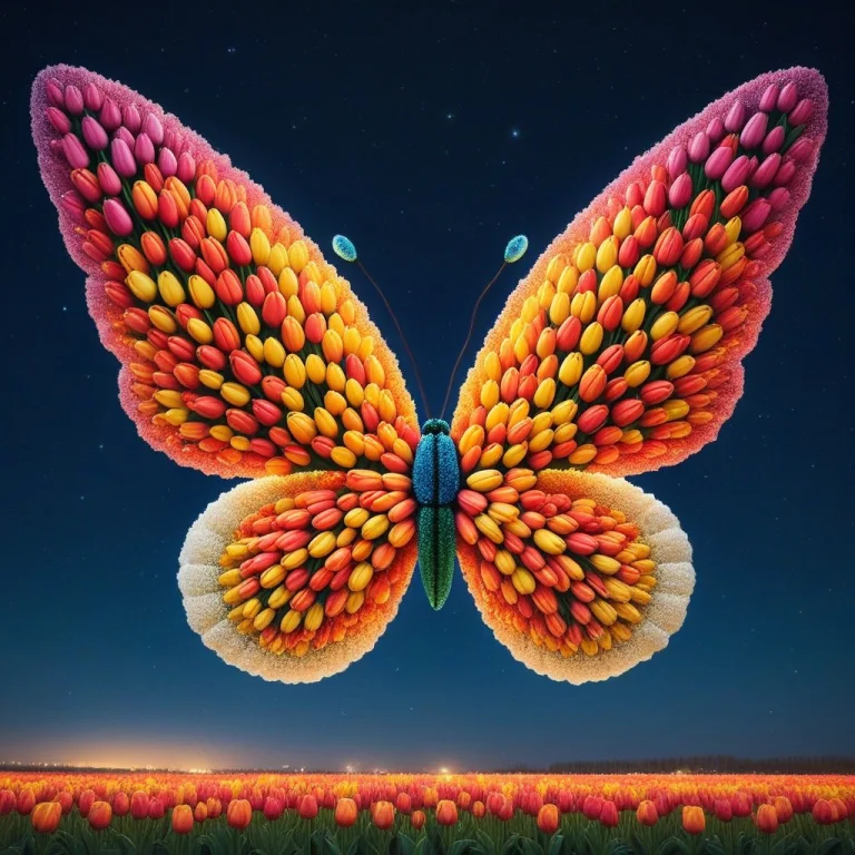 Jaynl-tm, A Butterfly Made Of Tulips Flying In The Night Sky
