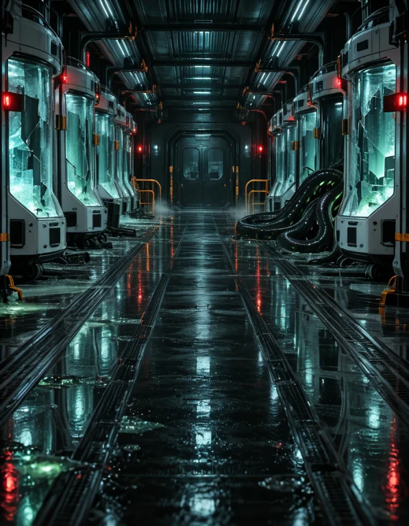 Scifi H0rr0r, Photorealistic, Specimen Storage Corridor Afte...