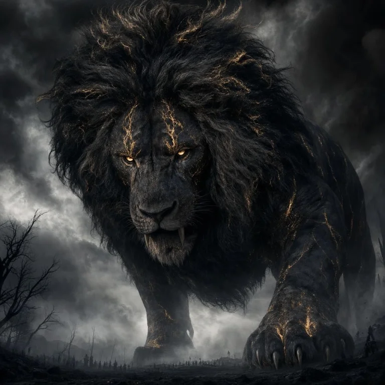A Colossal Lion Emerging From An Endless Black Wilderness, I...