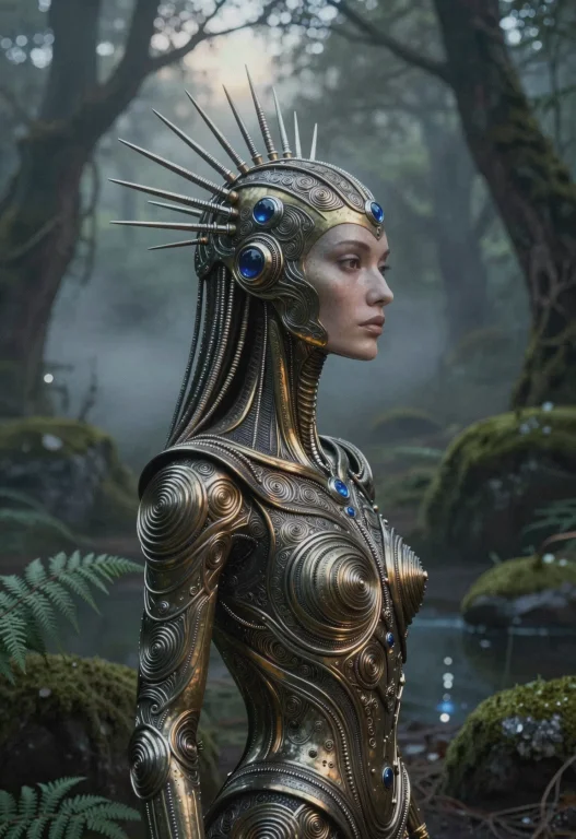 A Vertical Portrait Capturing An Otherworldly Cyborg Figure...