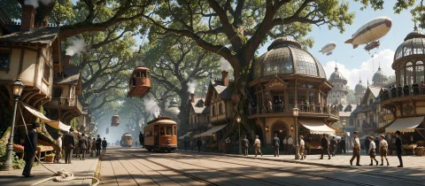A Wide Tree-canopy Boulevard In A Victorian Steampunk Forest... — Stable Diffusion AI Prompt: A wide tree-canopy boulevard in a Victorian steampunk forest city, filmed in a d...