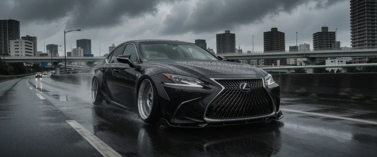 Low Angle Rolling Shot Of A Custom Lowered Black Lexus Sedan...
