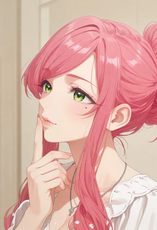 1girl, Haharihanazono, Green Eyes, Pink Hair, Updo, Glossy L...