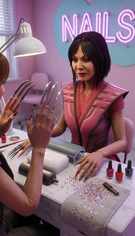 Grands, 3d Render, Lady Deathstrike At A Manicure Table In A...