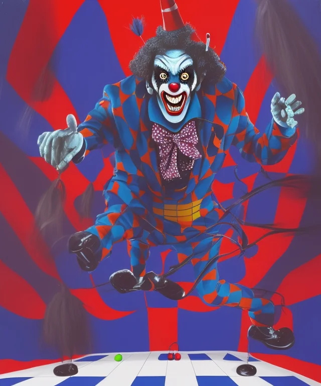 A Portrait Painting Of A Creepy Clown In A Checkered Circus...