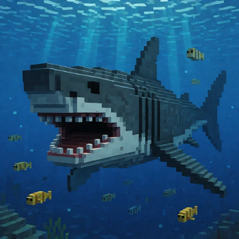 A Giant Voxel Megalodon Shark Swimming Underwater In A Minec...