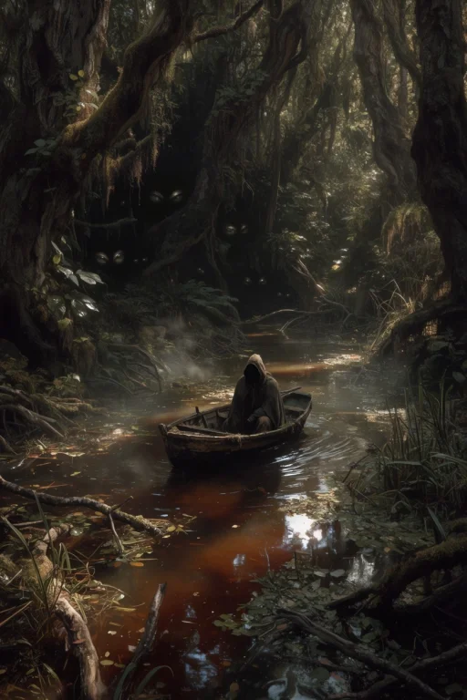 A Narrow, Winding Swamp River Flows Slowly Through A Dense,...