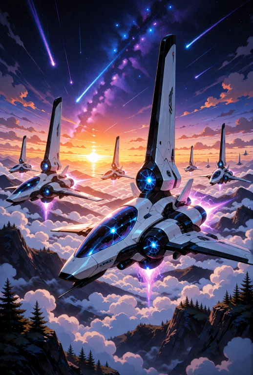 A Fleet Of Futuristic White And Black Sci-fi Spacecraft With...