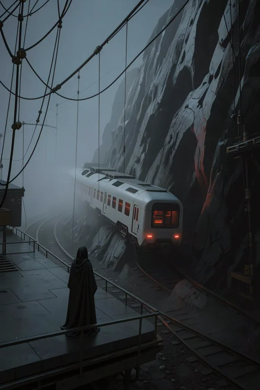 A Cloaked Figure Stands On A Platform, Facing A Train Moving...