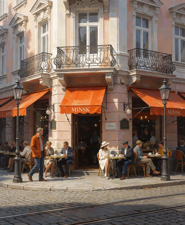 A Charming, Sunlit European Corner Caf Named Minsk With Warm...