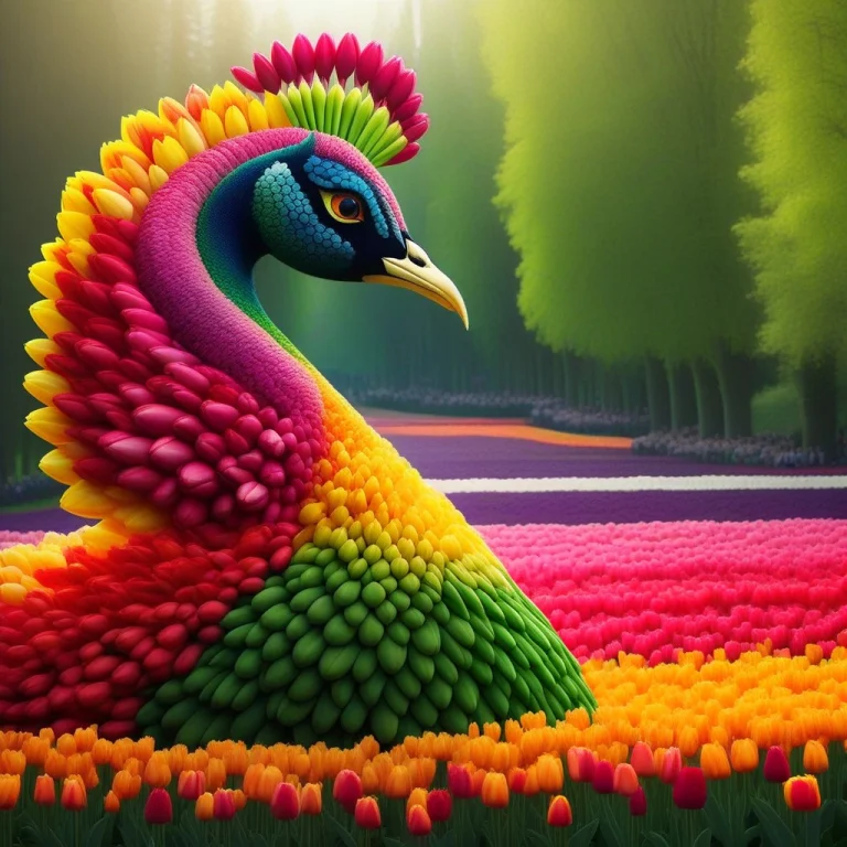 A Majestic Peacock Entirely Composed Of Vibrant Tulip Petals...