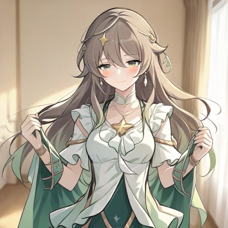 1girl, Lowres, Solo, White Green Dress, Hair Ornament, Long...