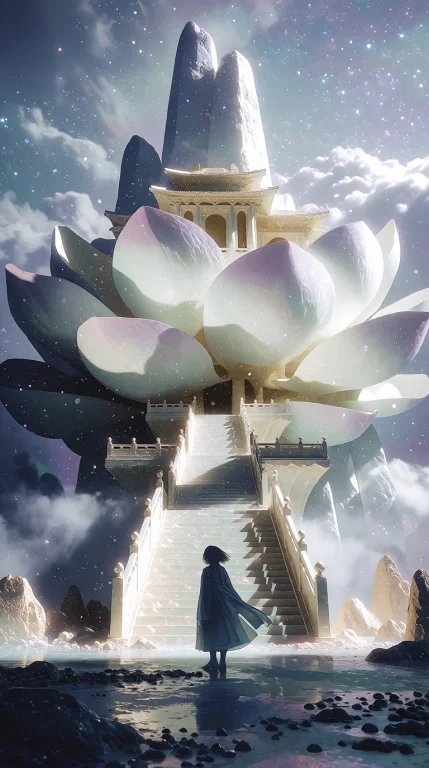 Colossalcelestiallotustemplefloatingaboveclouds, Enormouswhi...